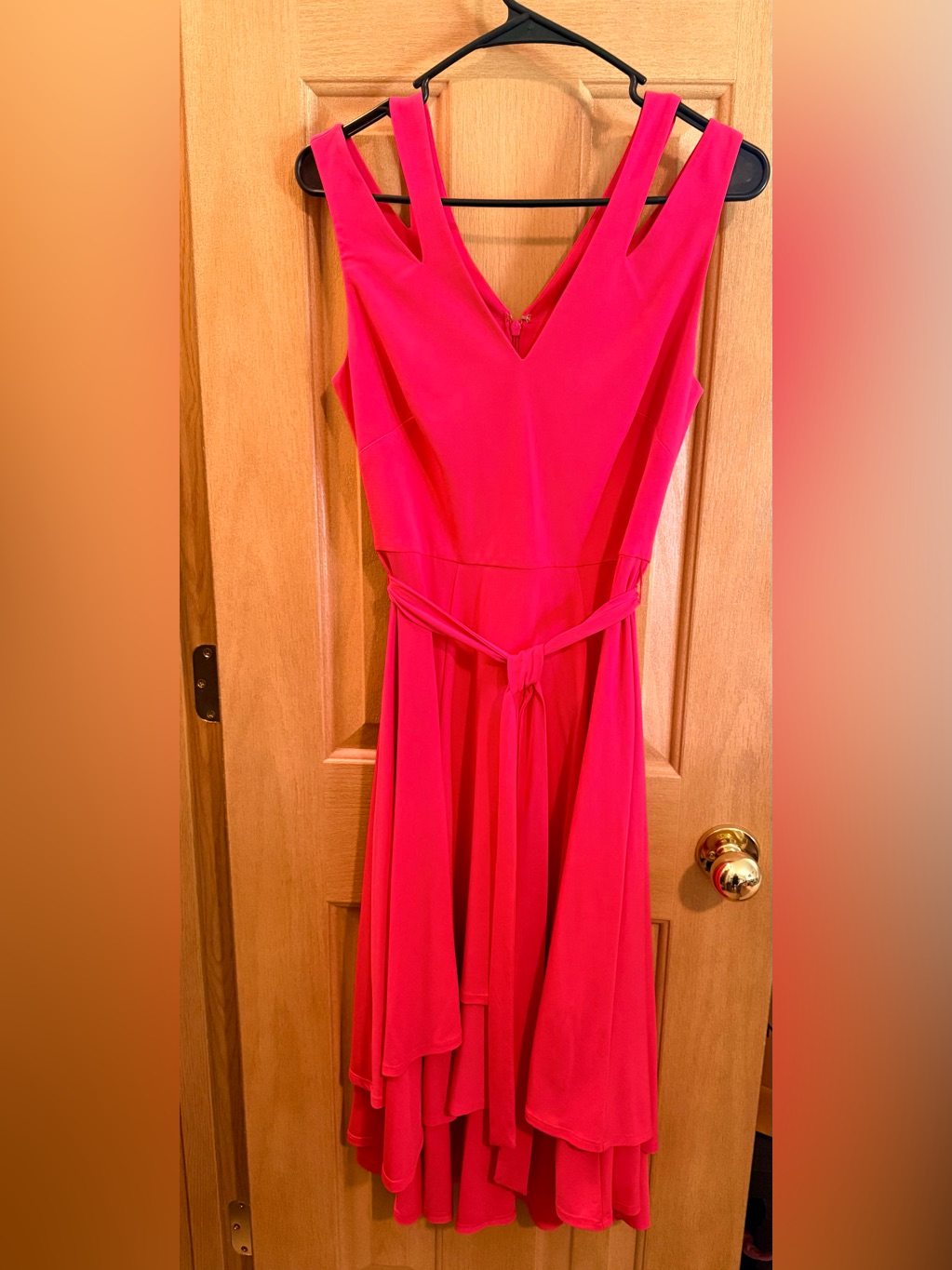 Women's V-Neck Double Strap Soft Coral Pink Tie-Waist I Dress